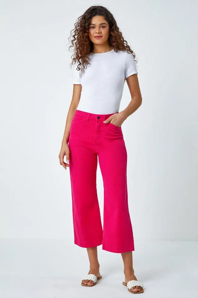 Hot Pink Cotton Denim Stretch Cropped Culottes Women Roman Trousers