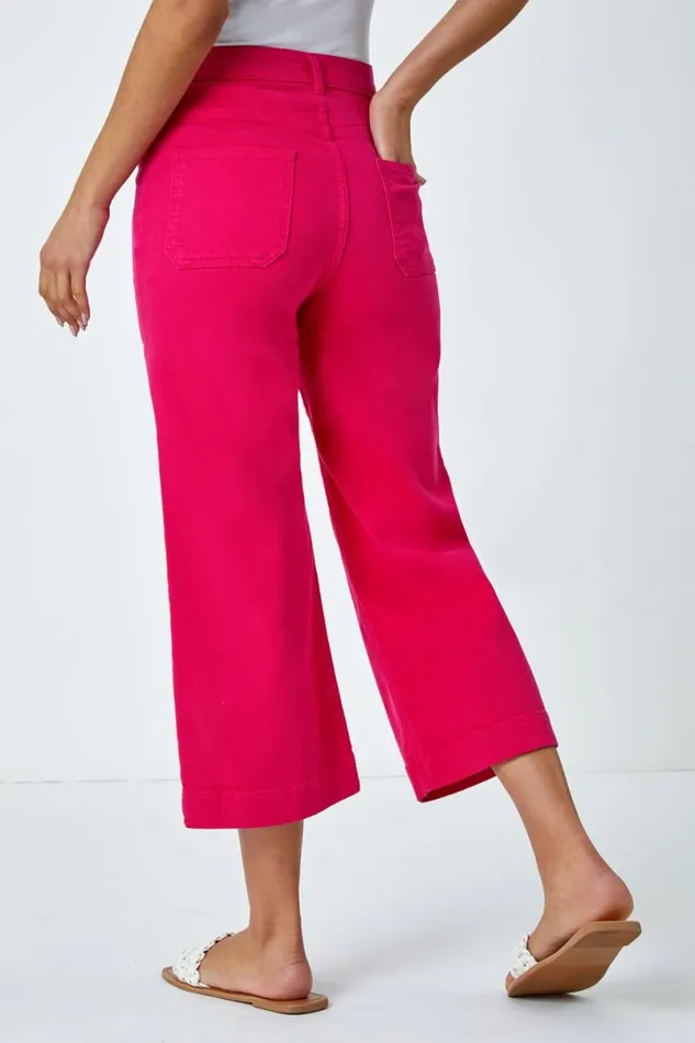 Hot Pink Cotton Denim Stretch Cropped Culottes Women Roman Trousers