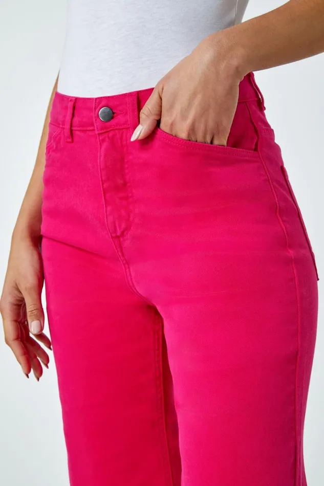 Hot Pink Cotton Denim Stretch Cropped Culottes Women Roman Trousers