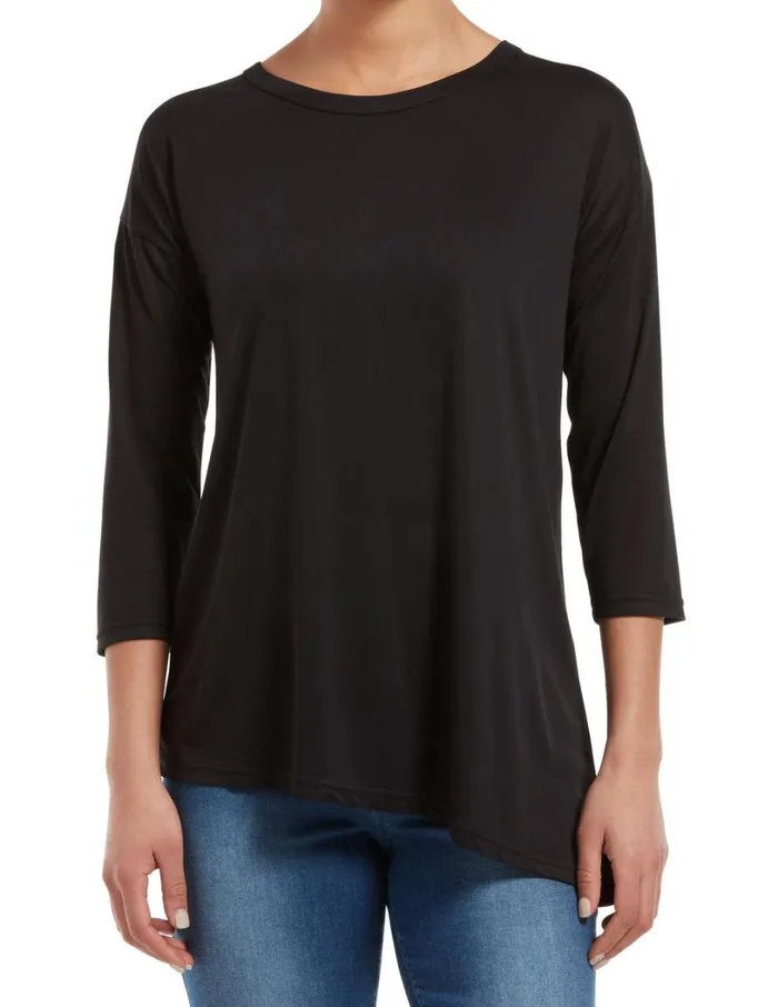 Hue Three Quarter Sleeve Crew Neck Tunic Black Women TShirts