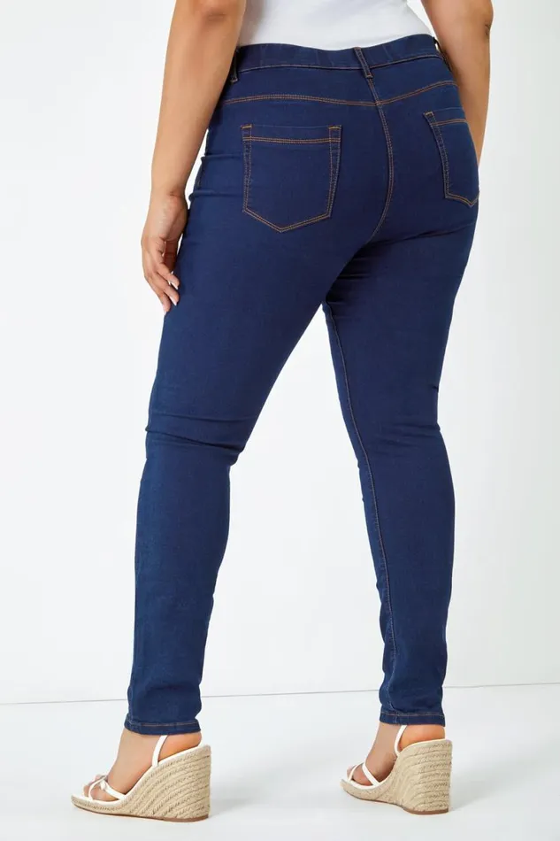 Indigo Curve Stretch Denim Elastic Waist Jegging Women Roman Trousers