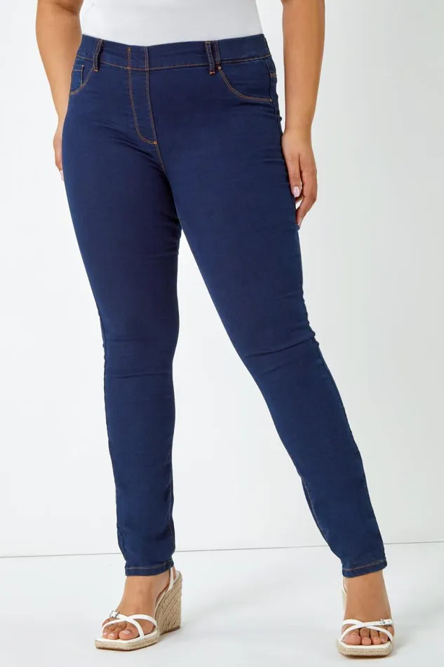 Indigo Curve Stretch Denim Elastic Waist Jegging Women Roman Trousers