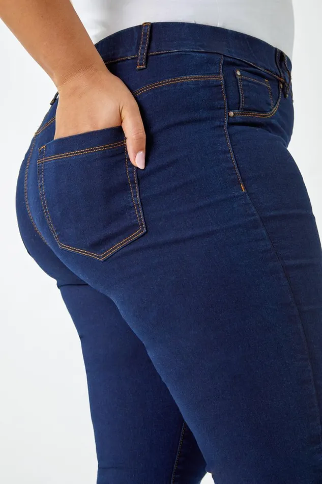 Indigo Curve Stretch Denim Elastic Waist Jegging Women Roman Trousers