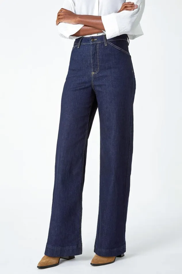 Indigo Wide Leg Stretch Denim Jeans Women Roman Trousers