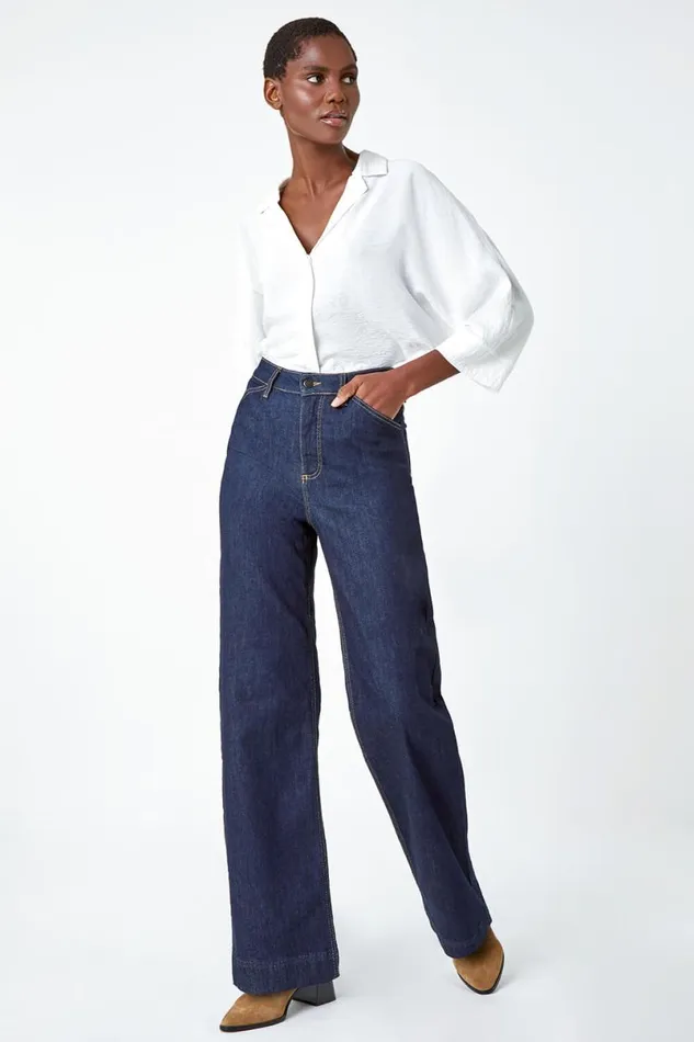 Indigo Wide Leg Stretch Denim Jeans Women Roman Trousers