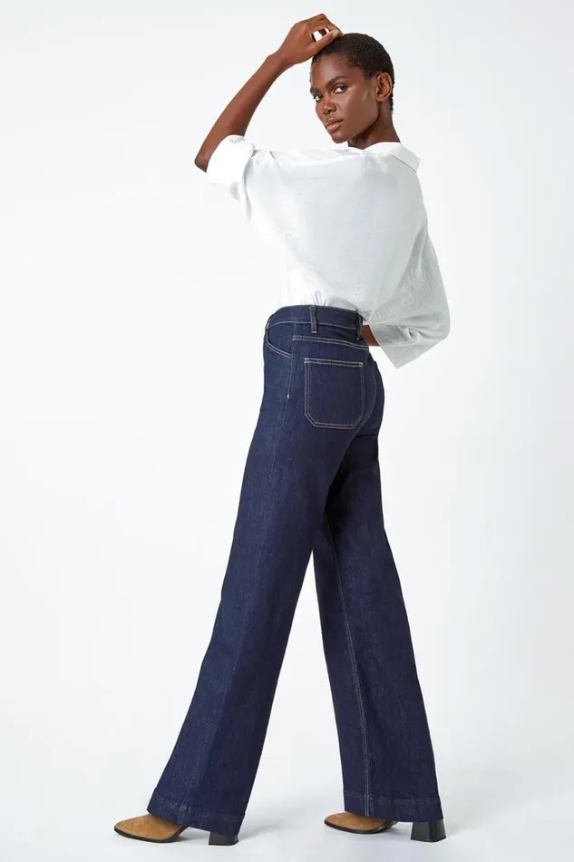 Indigo Wide Leg Stretch Denim Jeans Women Roman Trousers