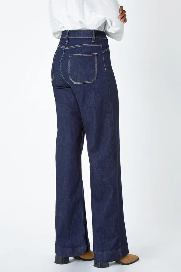 Indigo Wide Leg Stretch Denim Jeans Women Roman Trousers
