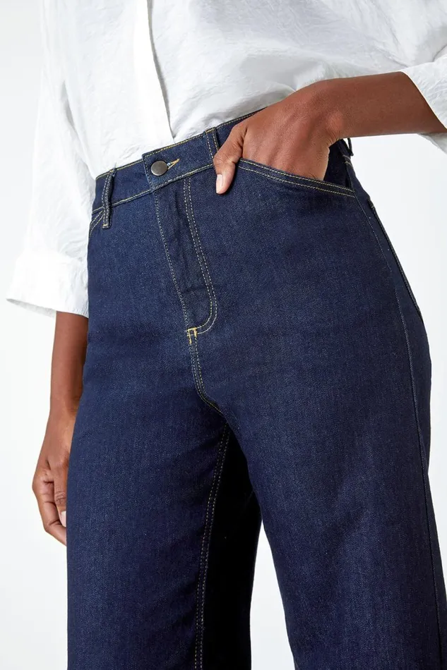 Indigo Wide Leg Stretch Denim Jeans Women Roman Trousers