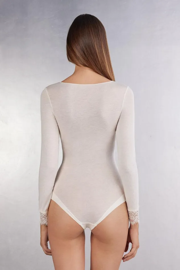 Intimissimi Bodysuits Women Long Sleeve Bodysuit In Ultralight Modal With Cashmere And Lace Ivory 231i 8211 Vanilla