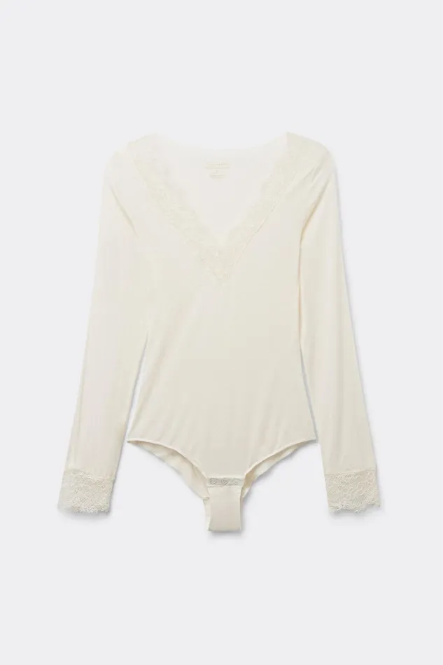 Intimissimi Bodysuits Women Long Sleeve Bodysuit In Ultralight Modal With Cashmere And Lace Ivory 231i 8211 Vanilla