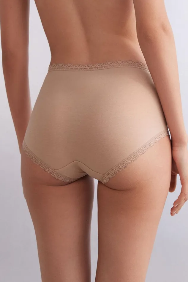 Intimissimi HighWaisted Briefs Women High Rise Cotton And Lace Hipsters 044 8211 Honey Soft Beige