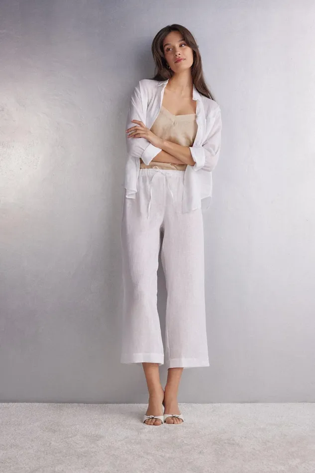 Intimissimi Leggings Pants Women Full Length Linen Cloth Pants With Drawstring White 001 8211 White