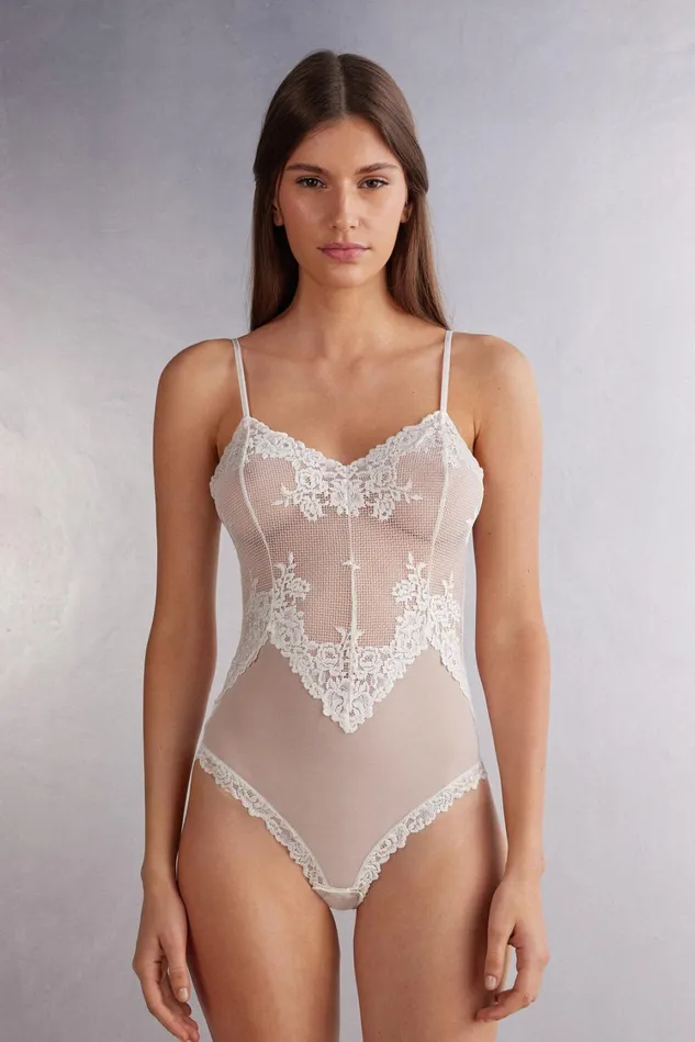 Intimissimi Lingerie Bodysuits Women Pretty Flowers Tulle And Lace Bodysuit Ivory 2127 8211 Talc White