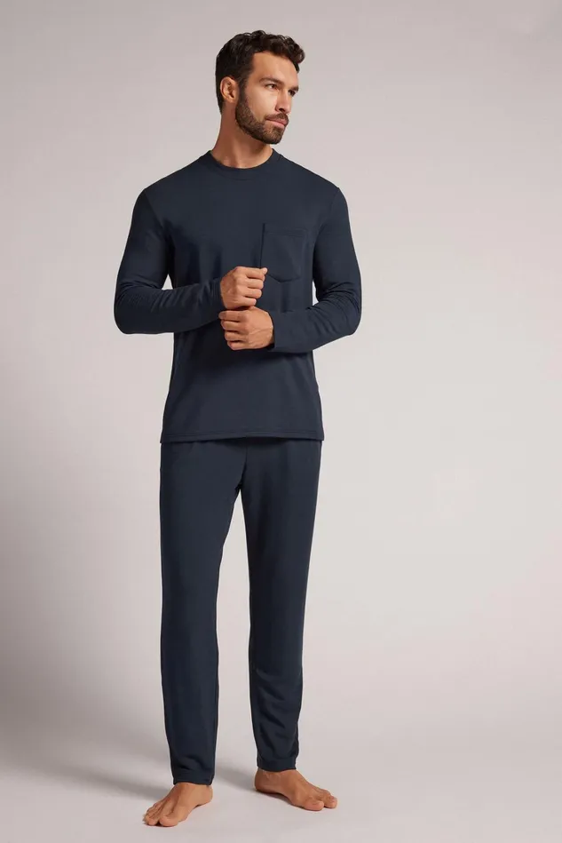Intimissimi Long Pajamas Men Full Length Plush Modal Pajamas Blue 800 8211 Blu Notte