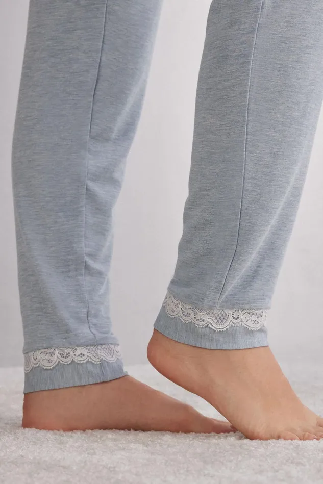 Intimissimi Long Pajamas Women Long Modal Lace Detail Trousers Light Blue 009j 8211 Heathered Light Blue