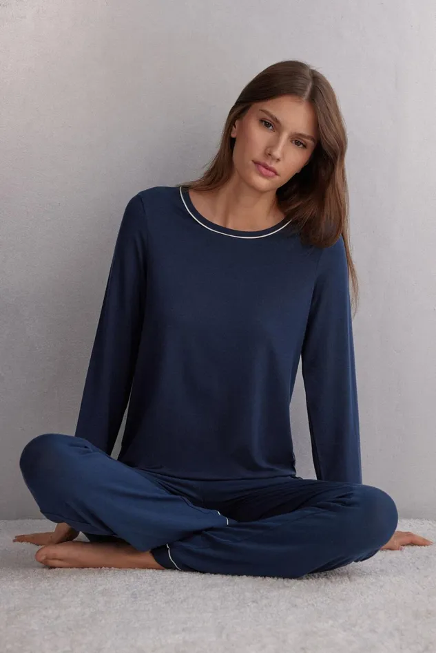 Intimissimi Long Pajamas Women Long Sleeve Modal Top Blue 1467 8211 Intense Blue