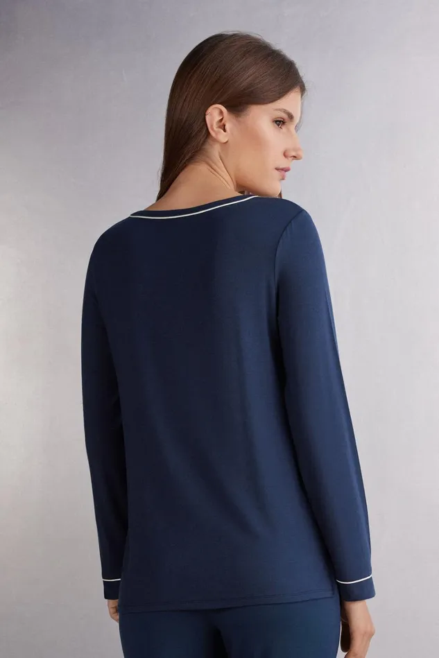 Intimissimi Long Pajamas Women Long Sleeve Modal Top Blue 1467 8211 Intense Blue