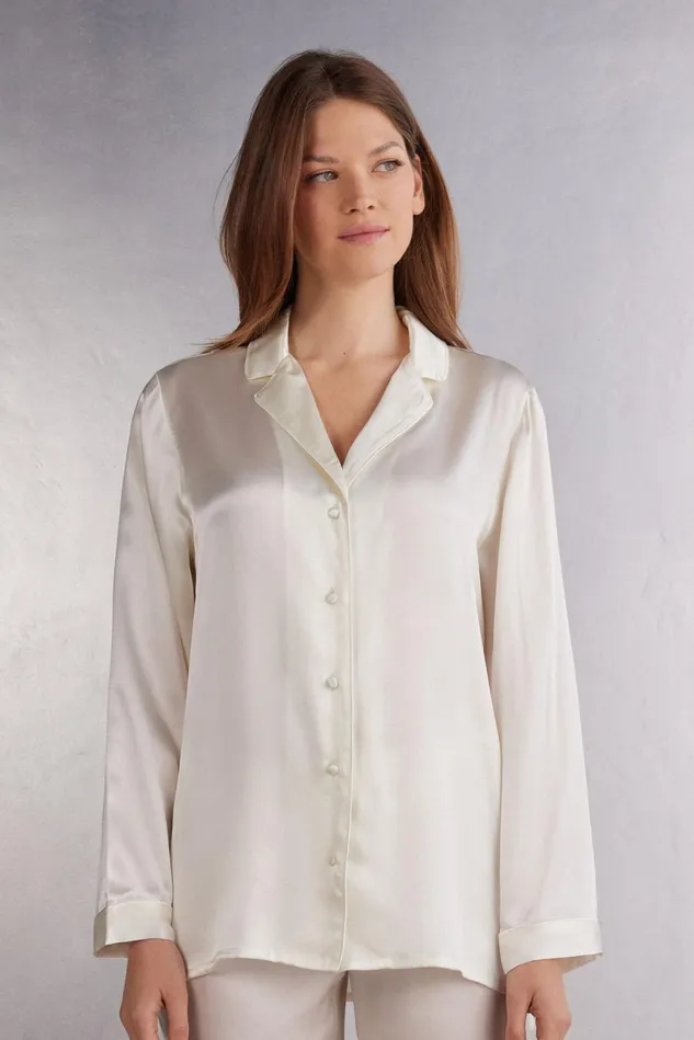 Intimissimi Long Pajamas Women MannishCut Jacket In Silk Satin Ivory 2127 8211 Talc White Intimissimi Long Pajamas Women MannishCut Jacket In Silk Satin Ivory 2127 8211 Talc White