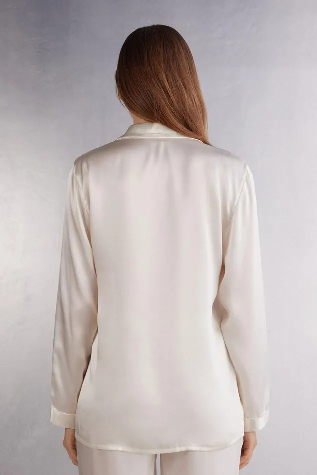 Intimissimi Long Pajamas Women MannishCut Jacket In Silk Satin Ivory 2127 8211 Talc White