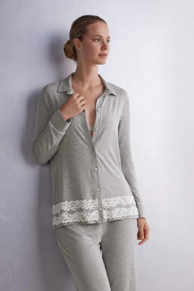 Intimissimi Long Pajamas Women Pretty Flowers Button Up Shirt In Modal Grey 329j 8211 Grey Heatherpowder White
