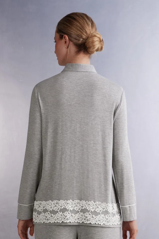 Intimissimi Long Pajamas Women Pretty Flowers Button Up Shirt In Modal Grey 329j 8211 Grey Heatherpowder White