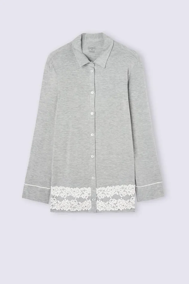 Intimissimi Long Pajamas Women Pretty Flowers Button Up Shirt In Modal Grey 329j 8211 Grey Heatherpowder White