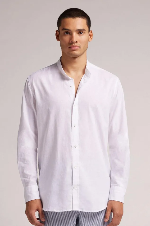Intimissimi Long Sleeve Tops Men Band Collar Linen And Cotton Shirt White 001 8211 White Intimissimi Long Sleeve Tops Men Band Collar Linen And Cotton Shirt White 001 8211 White