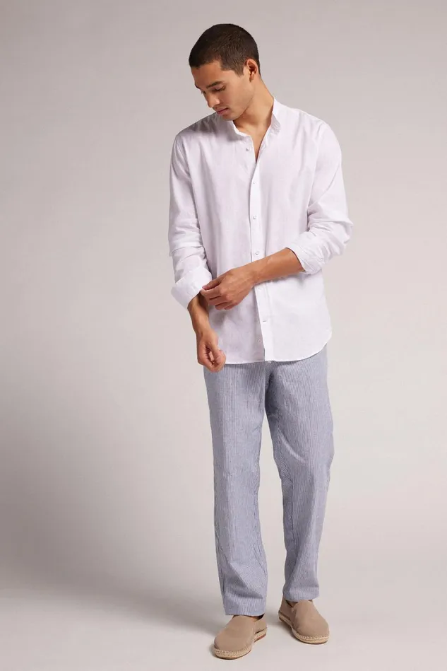 Intimissimi Long Sleeve Tops Men Band Collar Linen And Cotton Shirt White 001 8211 White
