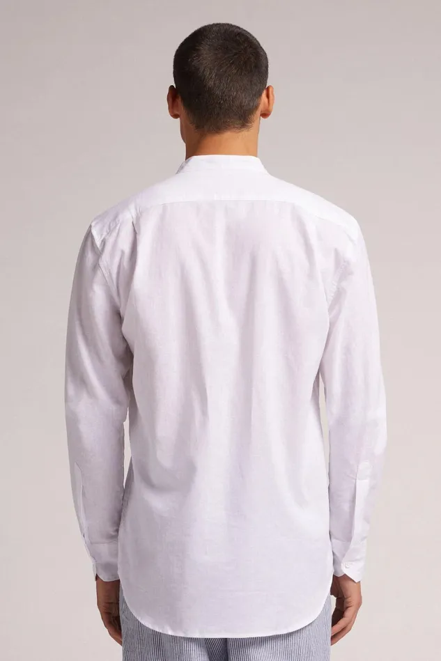 Intimissimi Long Sleeve Tops Men Band Collar Linen And Cotton Shirt White 001 8211 White