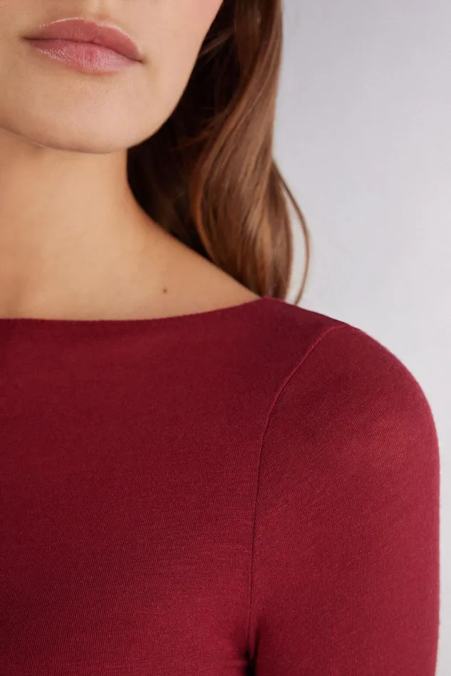 Intimissimi Long Sleeve Tops Women Boat Neck Modal Cashmere Ultralight Top Red 770j 8211 Vamp Red