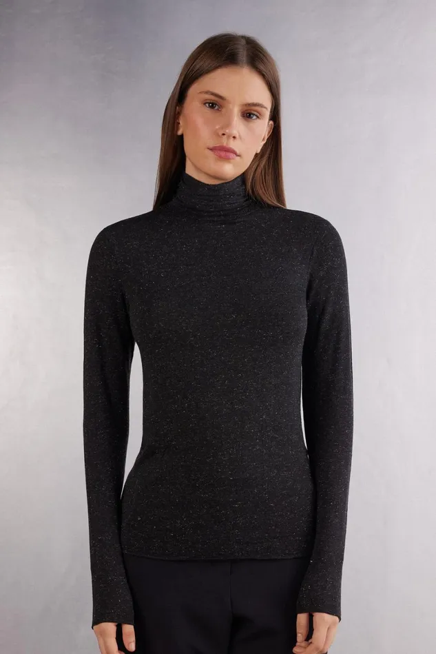 Intimissimi Long Sleeve Tops Women Turtleneck Top In Modal Light With Cashmere Lam Black 5079 8211 Black Lameacute Intimissimi Long Sleeve Tops Women Turtleneck Top In Modal Light With Cashmere Lam Black 5079 8211 Black Lameacute