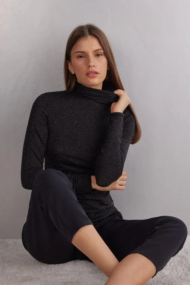 Intimissimi Long Sleeve Tops Women Turtleneck Top In Modal Light With Cashmere Lam Black 5079 8211 Black Lameacute