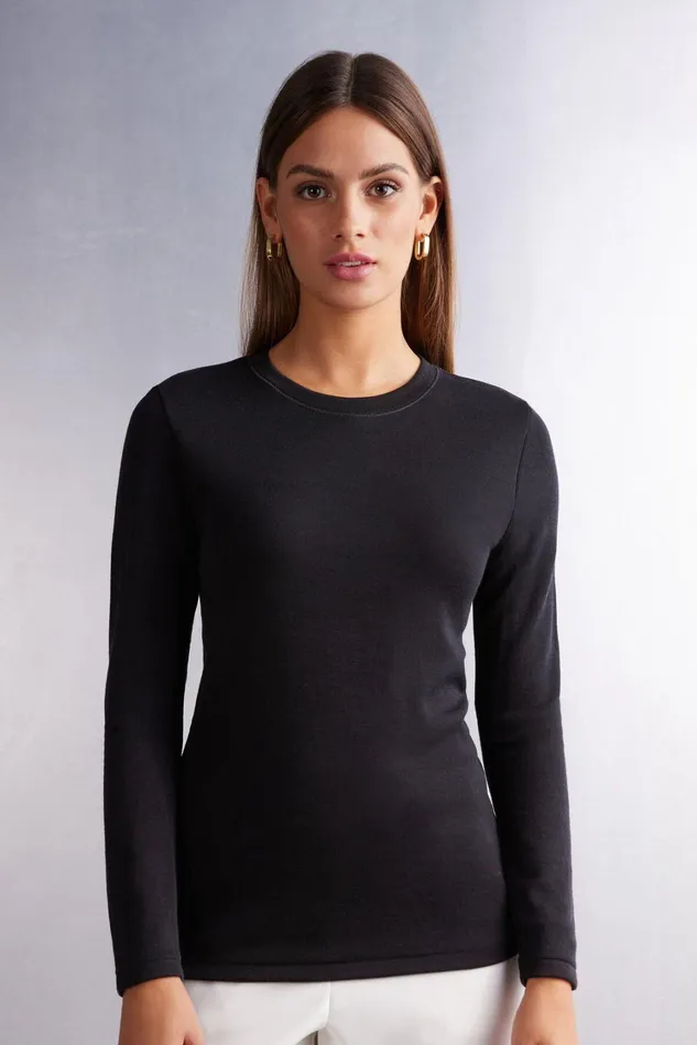 Intimissimi Long Sleeve Tops Women Wool and Cotton Long Sleeve Crewneck Top Black 019 8211 Black Intimissimi Long Sleeve Tops Women Wool and Cotton Long Sleeve Crewneck Top Black 019 8211 Black