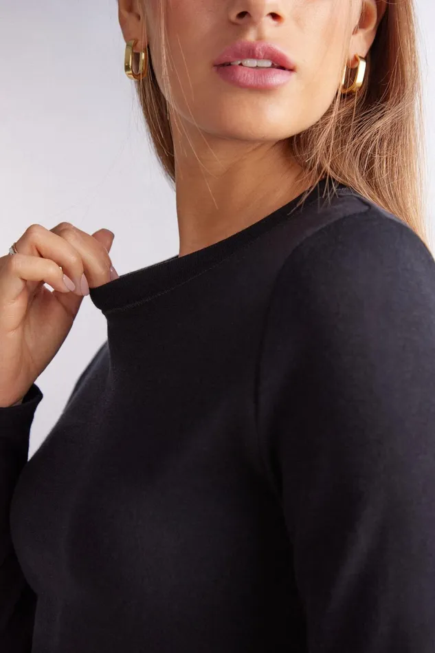 Intimissimi Long Sleeve Tops Women Wool and Cotton Long Sleeve Crewneck Top Black 019 8211 Black
