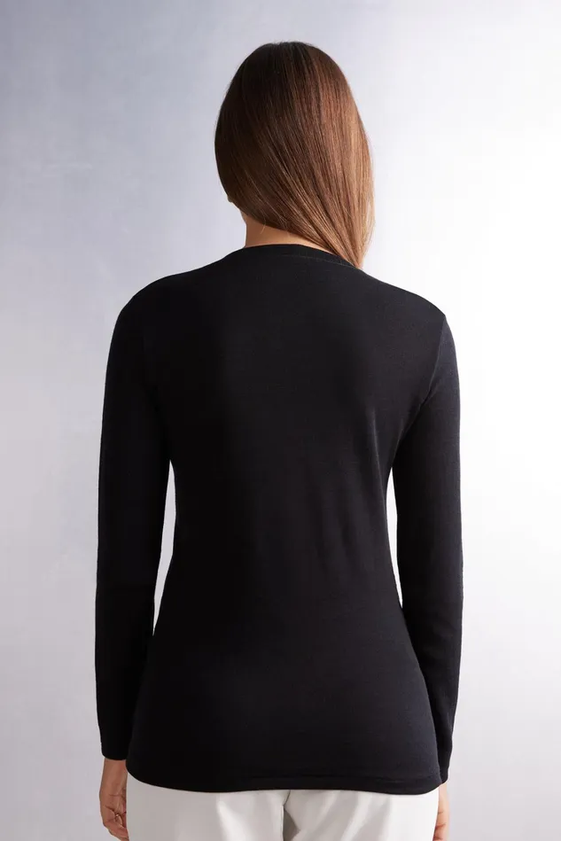 Intimissimi Long Sleeve Tops Women Wool and Cotton Long Sleeve Crewneck Top Black 019 8211 Black