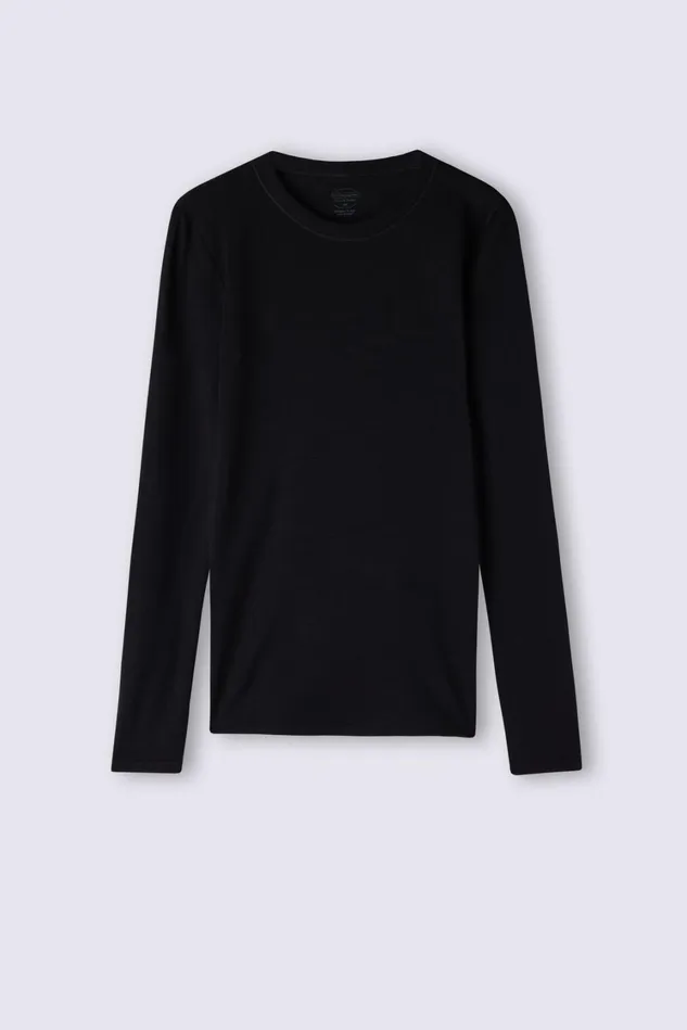 Intimissimi Long Sleeve Tops Women Wool and Cotton Long Sleeve Crewneck Top Black 019 8211 Black