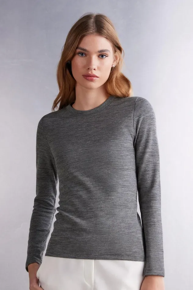 Intimissimi Long Sleeve Tops Women Wool and Cotton Long Sleeve Crewneck Top Grey 7481 8211 Aluminium Grey Blend Intimissimi Long Sleeve Tops Women Wool and Cotton Long Sleeve Crewneck Top Grey 7481 8211 Aluminium Grey Blend