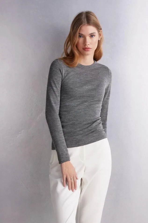 Intimissimi Long Sleeve Tops Women Wool and Cotton Long Sleeve Crewneck Top Grey 7481 8211 Aluminium Grey Blend