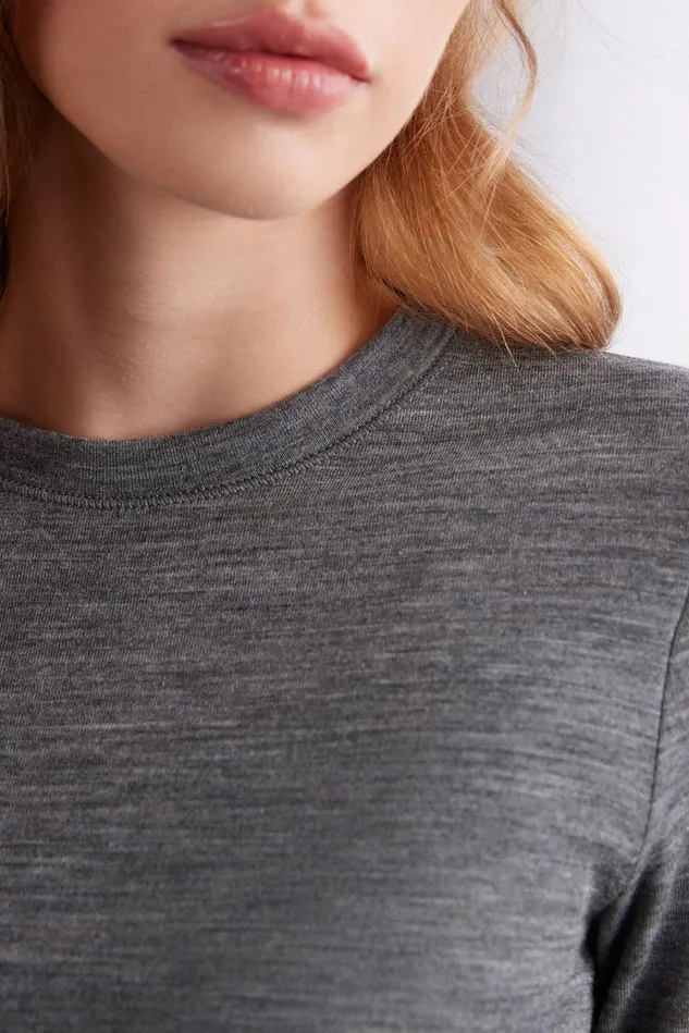 Intimissimi Long Sleeve Tops Women Wool and Cotton Long Sleeve Crewneck Top Grey 7481 8211 Aluminium Grey Blend