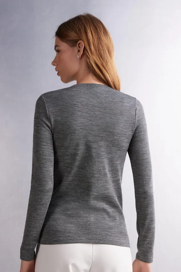Intimissimi Long Sleeve Tops Women Wool and Cotton Long Sleeve Crewneck Top Grey 7481 8211 Aluminium Grey Blend