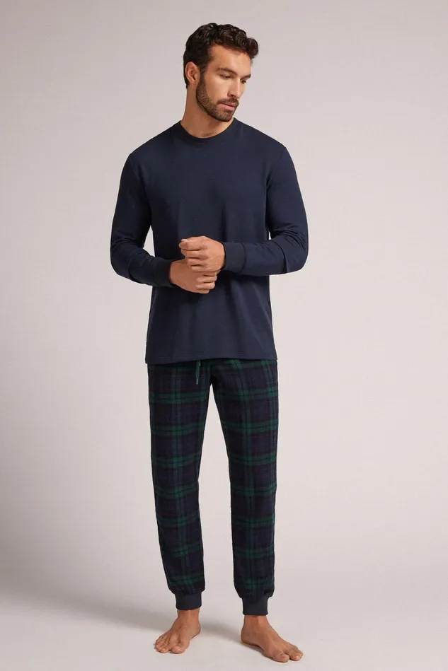 Intimissimi Pants Men BlueGreen Check Print Brushed Cotton Cloth Pants Blue 734j 8211 Check Bluverde