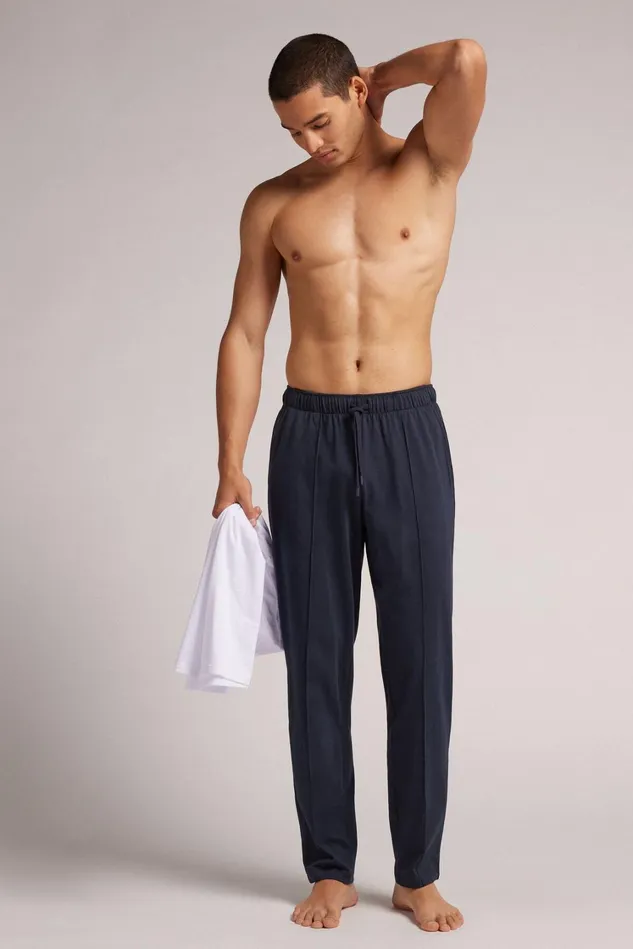 Intimissimi Pants Men Full Length Cotton Pants With Rib Blue 800 8211 Blu Notte