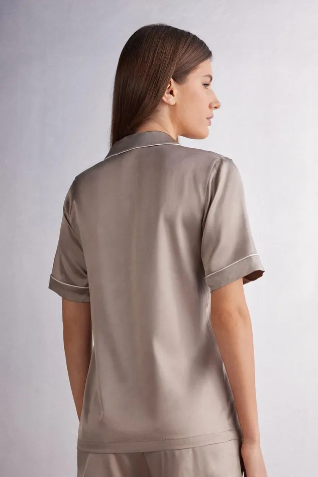Intimissimi Short Pajamas Women Swear Cut Short Sleeve Silk Shirt Natural 651i 8211 Powder Beige