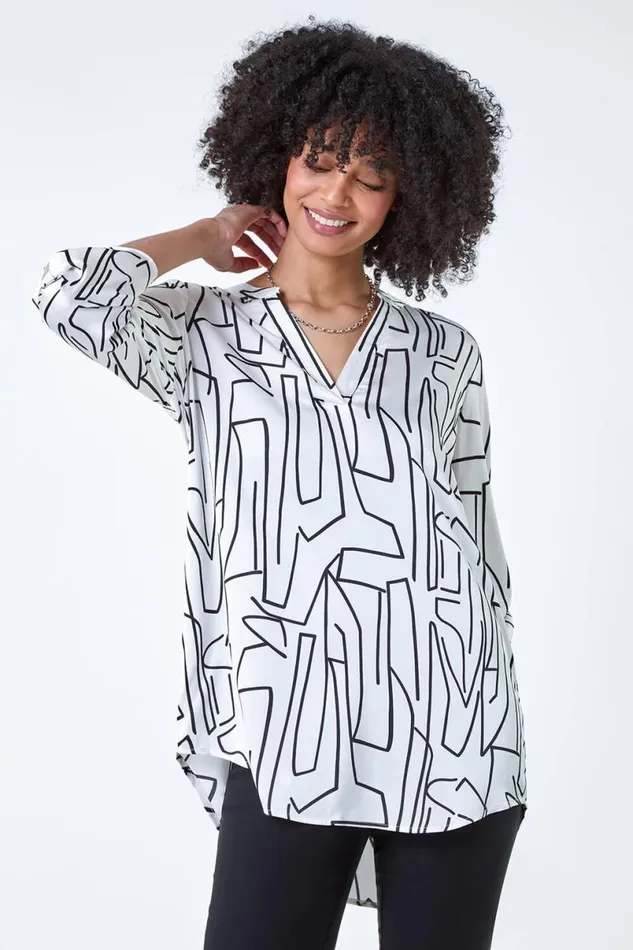 Ivory Abstract Print Longline VNeck Top Women Roman Tops