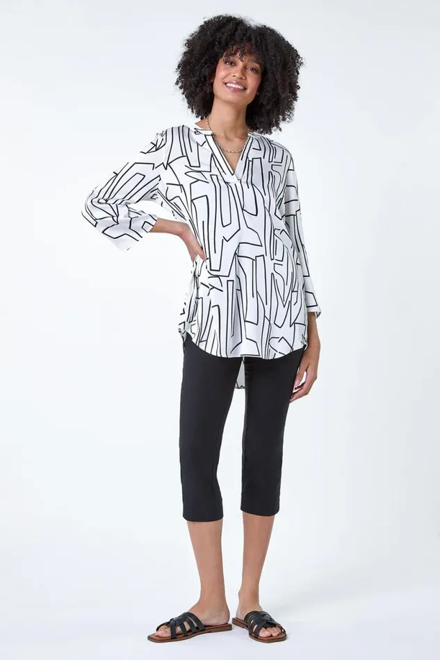 Ivory Abstract Print Longline VNeck Top Women Roman Tops