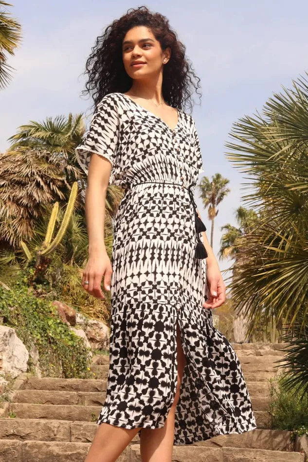 Ivory Aztec Button Down Midi Dress Women Roman Dresses