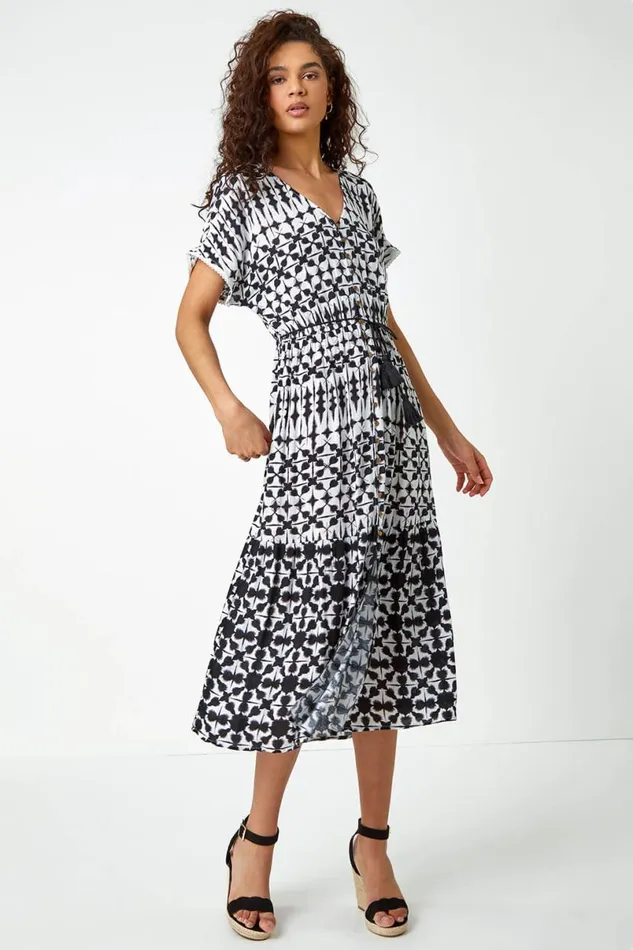 Ivory Aztec Button Down Midi Dress Women Roman Dresses