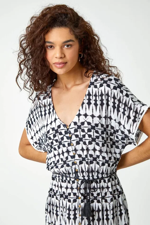 Ivory Aztec Button Down Midi Dress Women Roman Dresses