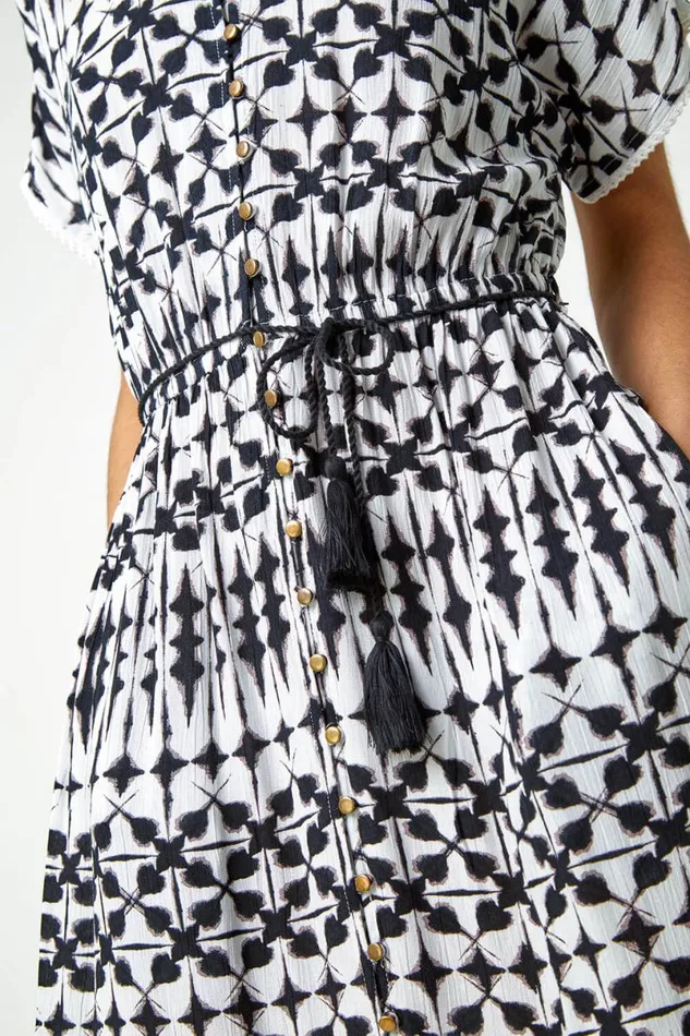 Ivory Aztec Button Down Midi Dress Women Roman Dresses