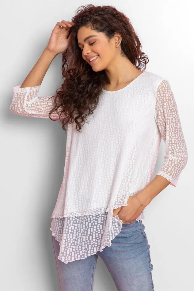 Ivory Burnout Print Asymmetric Stretch Top Women Roman Tops